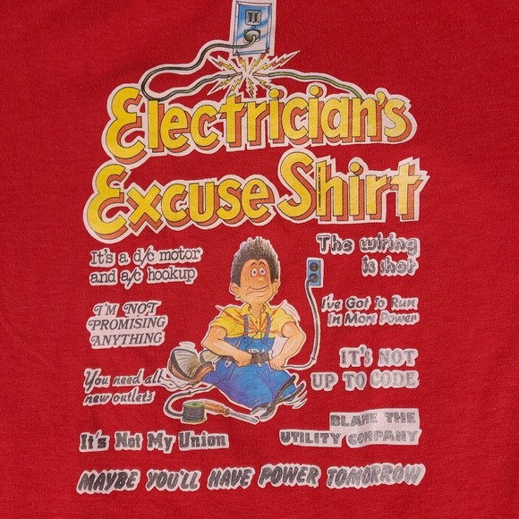 Vintage 1982 Electricians Excuse T-Shirt Mens Medium Red Single Stitch USA Made - Picture 4 of 16